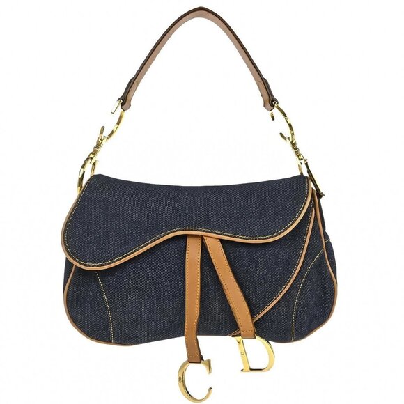 Dior Handbags - Christian Dior Blue Beige Denim Double Saddle Handbag RU0091 155955